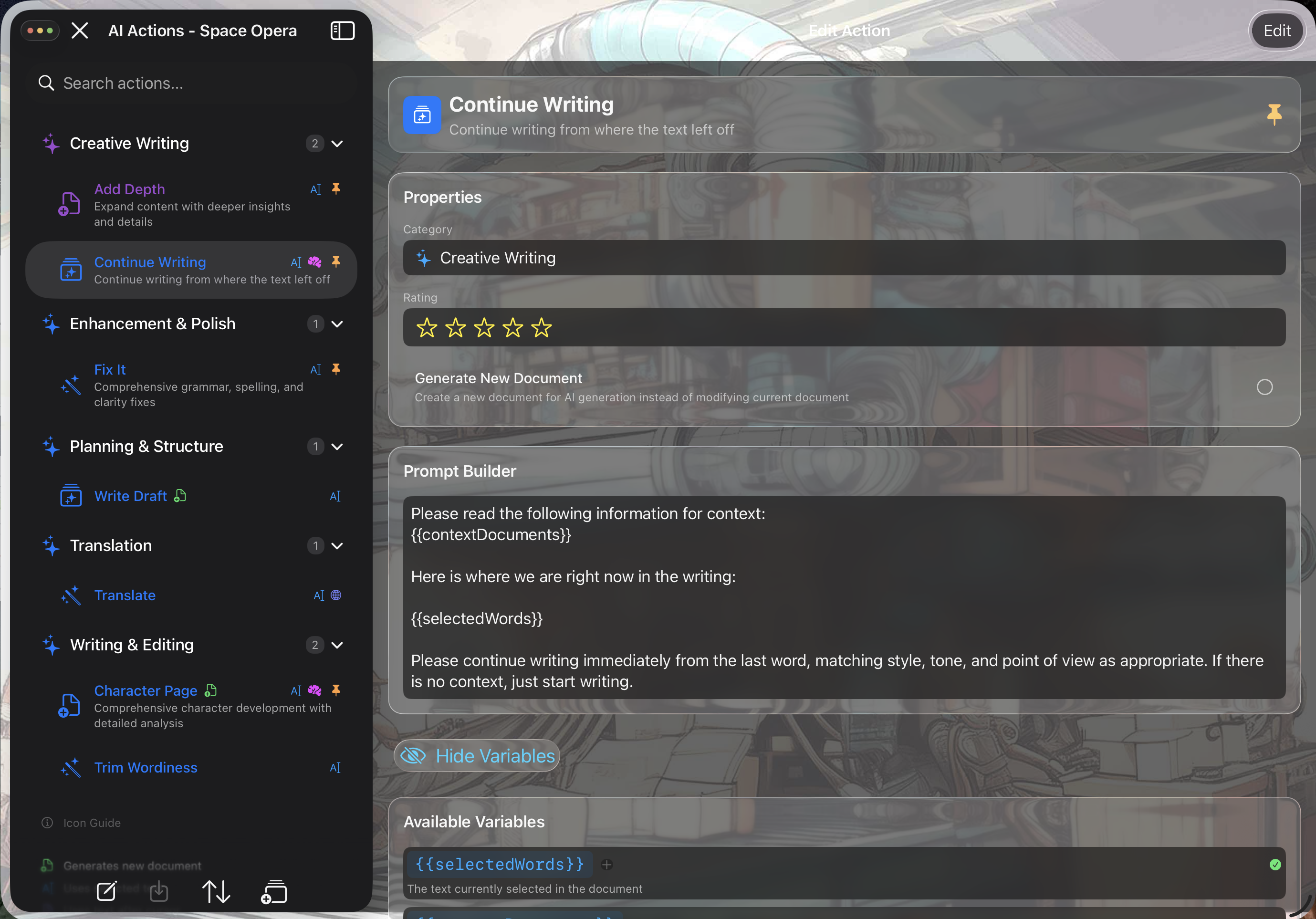 iPad screenshot — AI Actions library in Writify